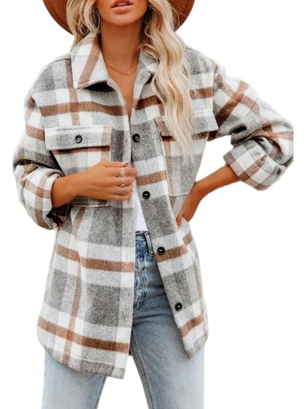 🆕️ Beaully Women's Flannel Grey & Brown Plaid Shacket